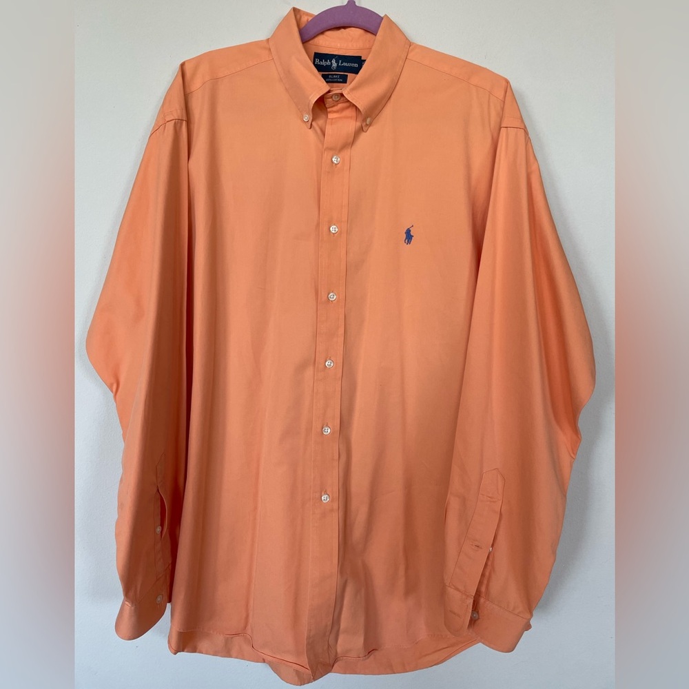 Polo Ralph Lauren Men Orange Pony Embroidery Button Down Shirt Large Length 34in